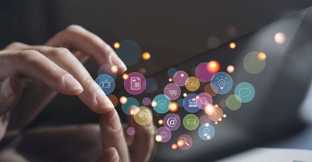 Internet of Things IoT, digital marketing, online shopping concept, Woman using digital tablet with internet network connection, social media, technology icons on virtual screen